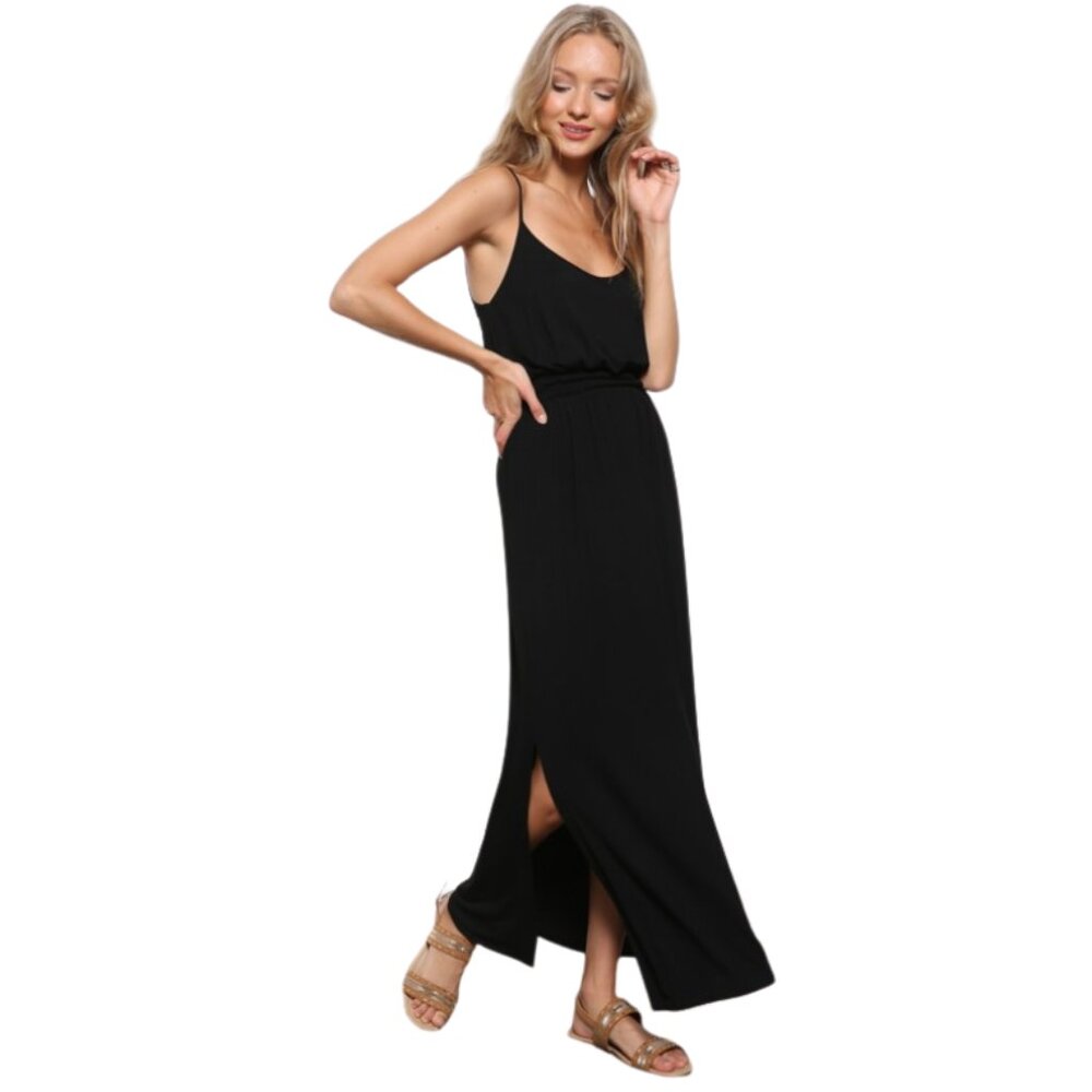 Jersey Strap Back Slit Maxi Dress in Black - Picture 2 of 4